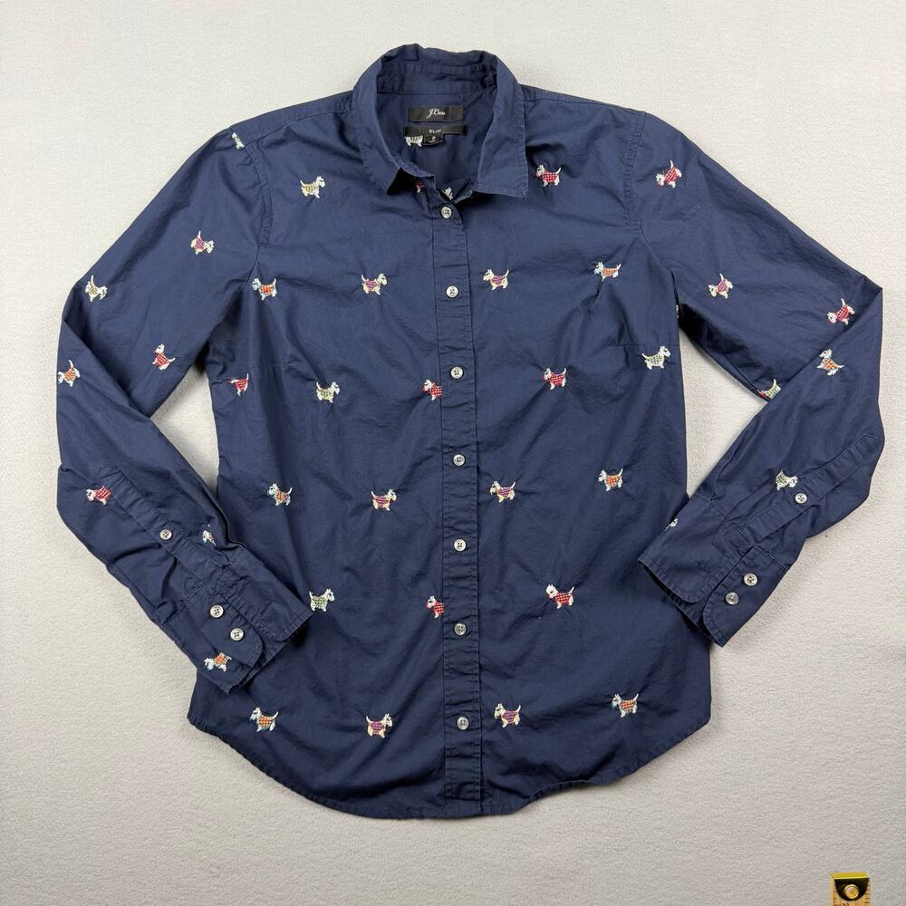 J.Crew Slim Dog Embroidered Button Shirt Size 2
